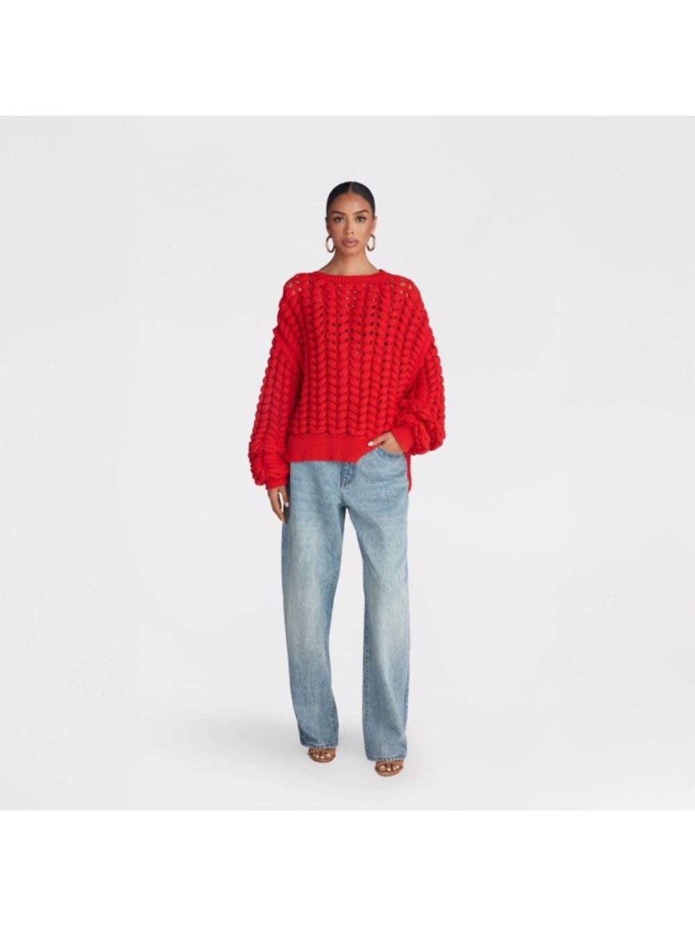 Women’s Red Chunky Cable Crewneck Sweater - Picture 3 of 8